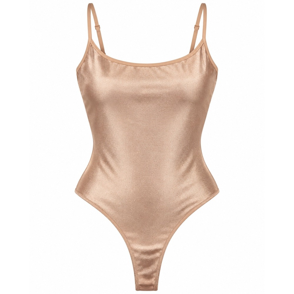 Intimately Free People Bodysuit S Gold Metallic Shimmer Thong Scoop Neck Glam